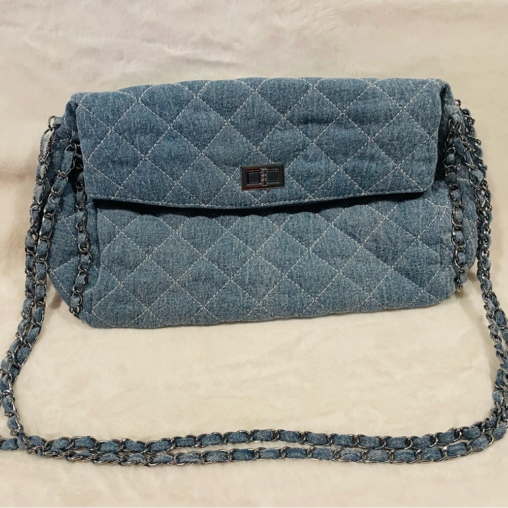 Quilted Denim Chain Shoulder Bag - Blue
